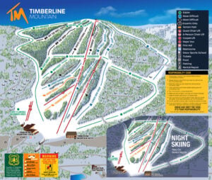 Illustrated trail map of Timberline Mountain ski resort in Tucker County, West Virginia, showing named ski runs, difficulty ratings, chairlifts, and night skiing terrain.