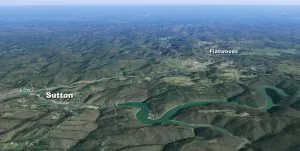 In central West Virginia, the Sutton Lake region is surrounded by miles of forest and farmland. (Google Earth Image)