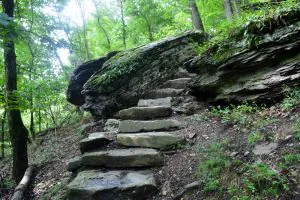 Built in about 1810, a stone staircase leads between the upper and lower towns at Harpers Ferry.