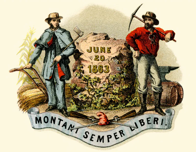 An illustration of the West Virginia Coat of Arms includes elements set for by the state in 1863.