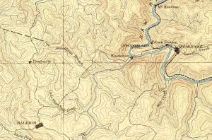 In the prelude to the Battle of Stanaford, union organizers travelled from Qunnimont to Adkinsville, then a section of Beckley, mapped here as "Raleigh."