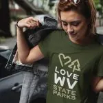 The online shop features T-shirts and sweatshirts showcasing the distinctive “Love WV State Parks” logo