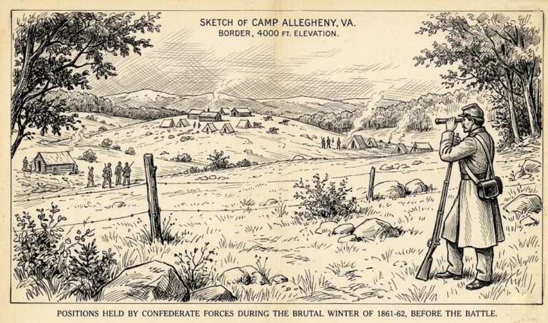 A historic sketch depicts Camp Allegheny, a Confederate mountaintop fortification in the Allegheny Mountains of present-day West Virginia. The site is among several hidden Civil War battlefields that formed the front lines of the 1861 Western Virginia Campaign.