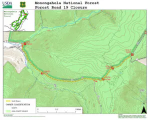A map provided by the Monongahela National Forest shows the section of Forest Road 19 scheduled to close June 22 for repairs, affecting a major access route to the Dolly Sods Wilderness Area.