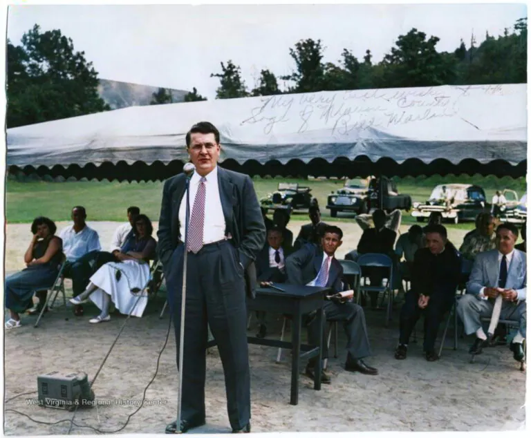 West Virginia Gov. William C. Marland addresses a Wyoming County audience during the 1950s. Historians remember Marland for championing school integration, economic modernization, and an early coal severance tax proposal.