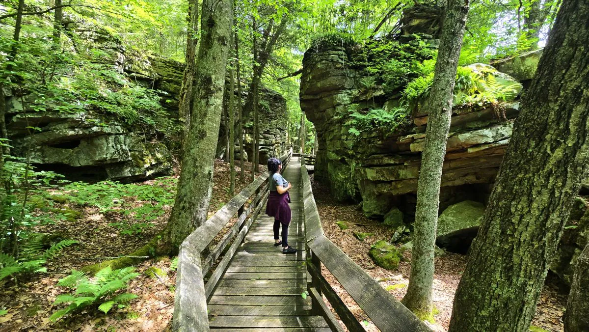 An elaborate system of boardwalks weaves throught the boulders at Beartown State Park.